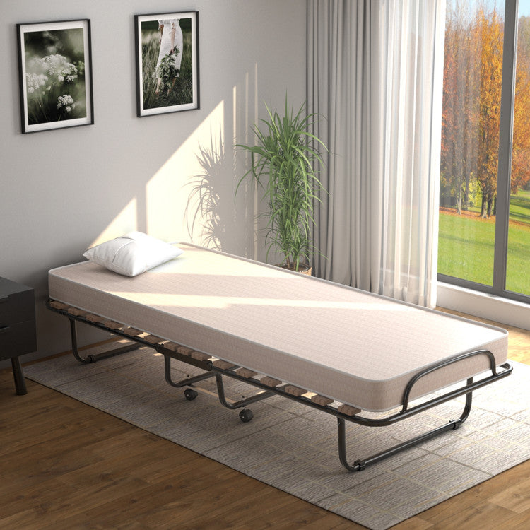Portable Folding Guest Bed Rolling Hideaway Sleeper Bed with Memory Foam Mattress and 360° Swivel Wheels