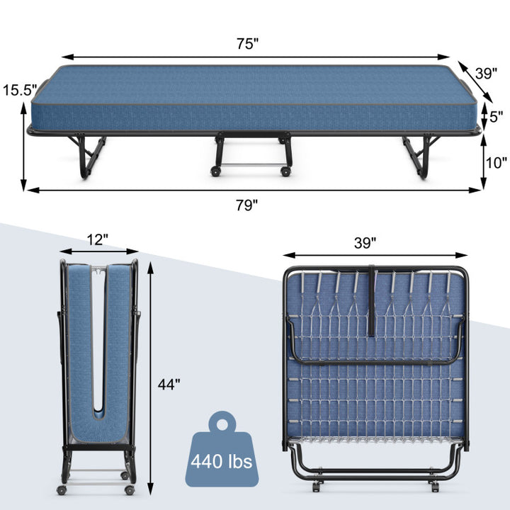 Portable Folding Guest Bed Rolling Hideaway Sleeper Bed with Memory Foam Mattress and 360° Swivel Wheels