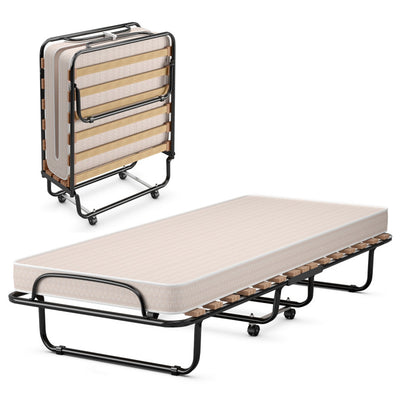 Portable Folding Guest Bed Rolling Hideaway Sleeper Bed with Memory Foam Mattress and 360° Swivel Wheels