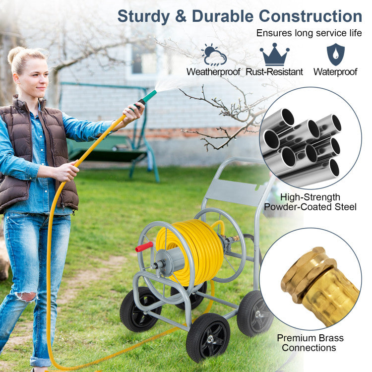 Portable Garden Hose Reel Cart Water Hose Holder with Non-slip Grip and 4 Wheels for Lawn Yard Watering