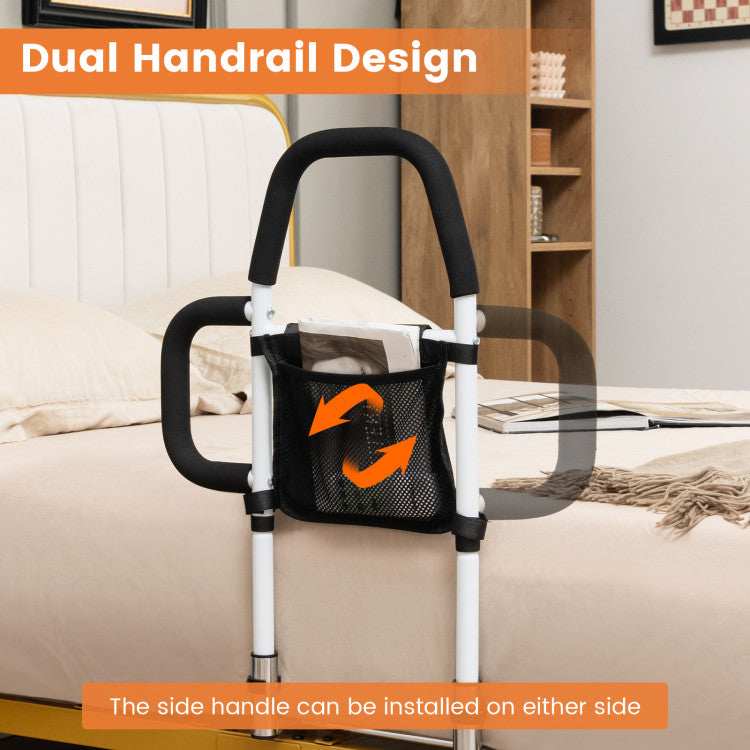 Portable Adjustable Safety Bed Assist Rail with Dual Handrail and Detachable Pocket Bag for Elderly Adults