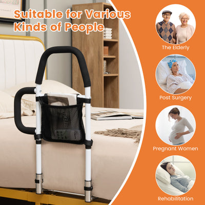 Portable Adjustable Safety Bed Assist Rail with Dual Handrail and Detachable Pocket Bag for Elderly Adults