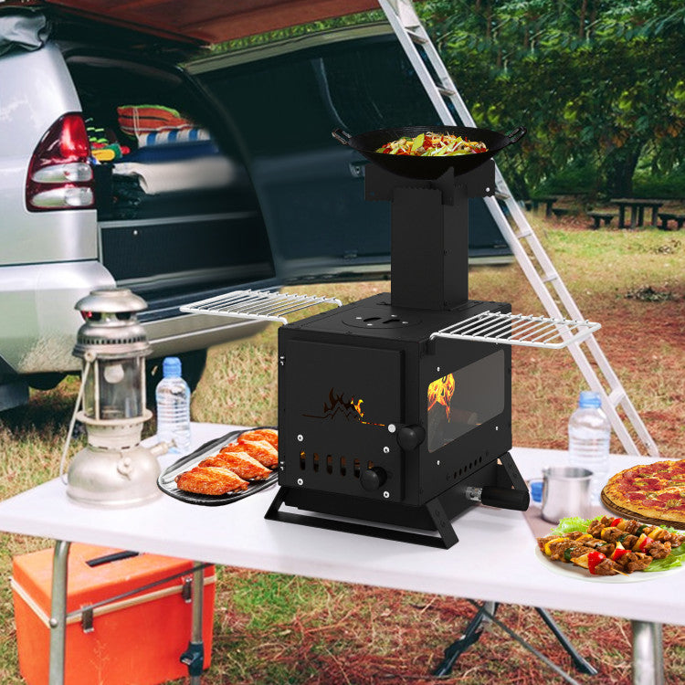 Portable Wood Burning Stove Mini Heater Burner with Pot Rack Oven Pan