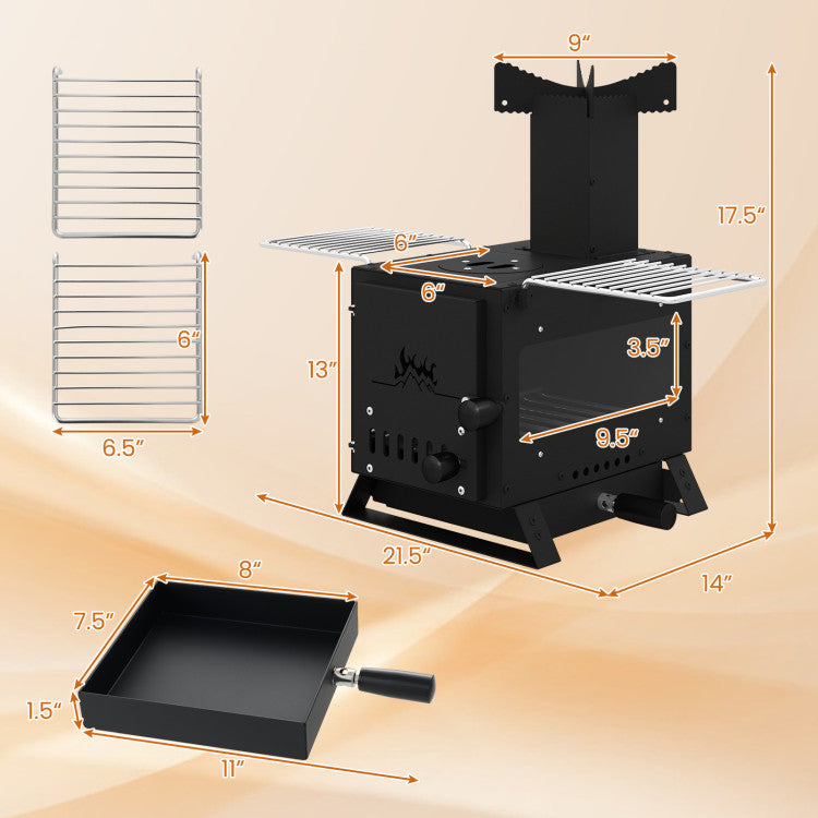 Portable Wood Burning Stove Mini Heater Burner with Pot Rack Oven Pan