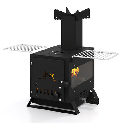 Portable Wood Burning Stove Mini Heater Burner with Pot Rack Oven Pan