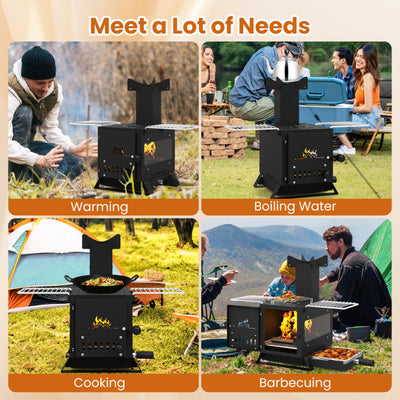 Portable Wood Burning Stove Mini Heater Burner with Pot Rack Oven Pan