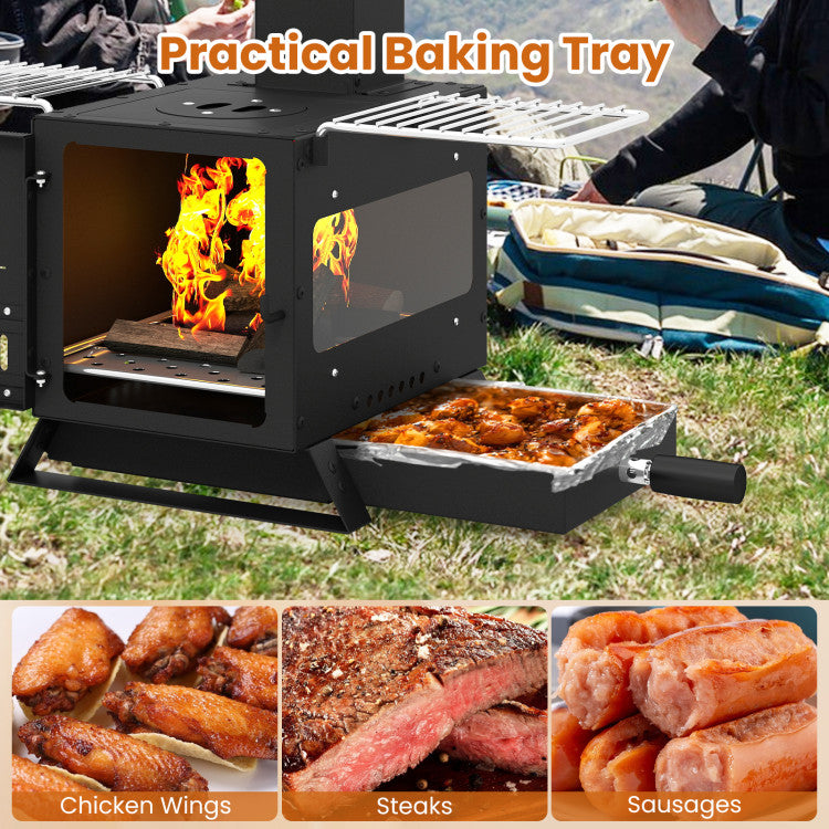 Portable Wood Burning Stove Mini Heater Burner with Pot Rack Oven Pan