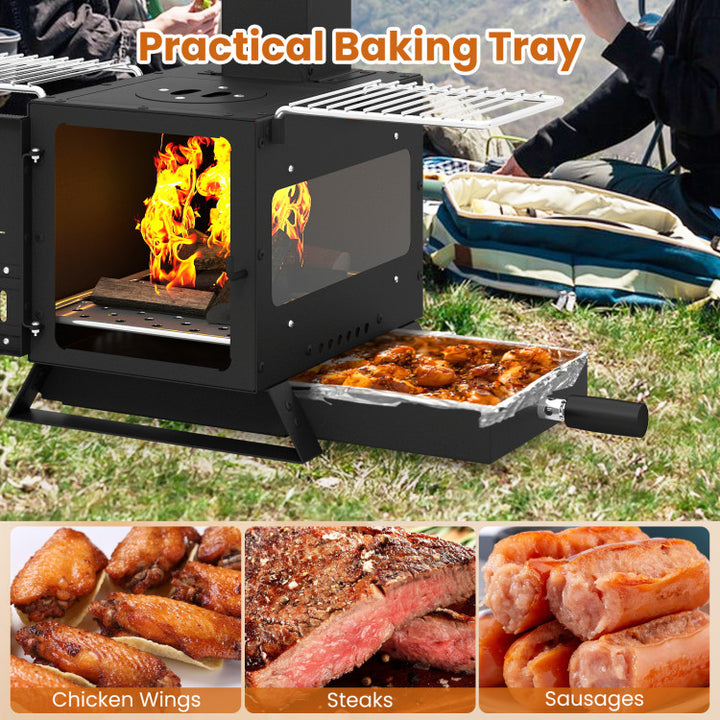 Portable Wood Burning Stove Mini Heater Burner with Pot Rack Oven Pan