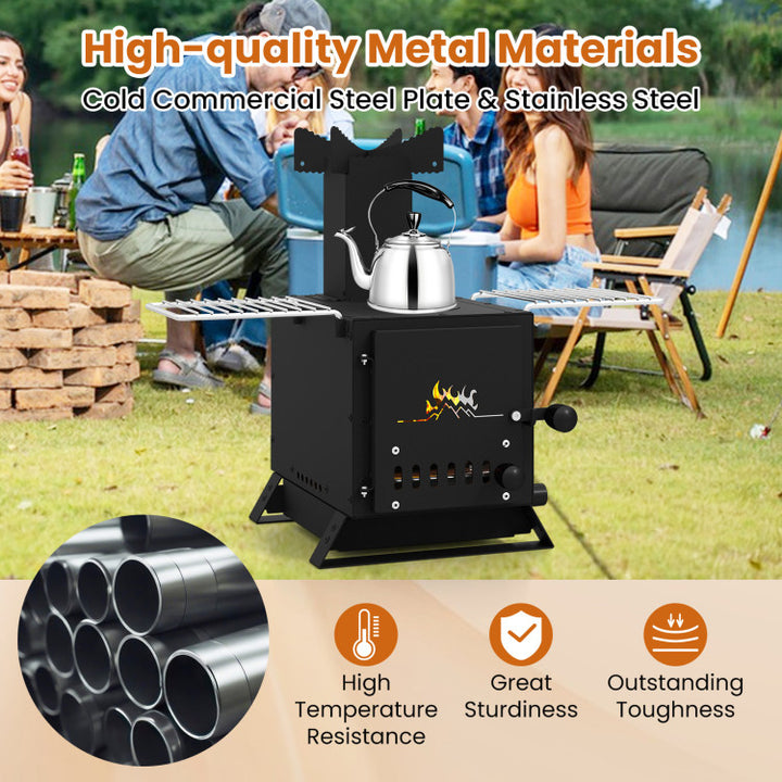 Portable Wood Burning Stove Mini Heater Burner with Pot Rack Oven Pan