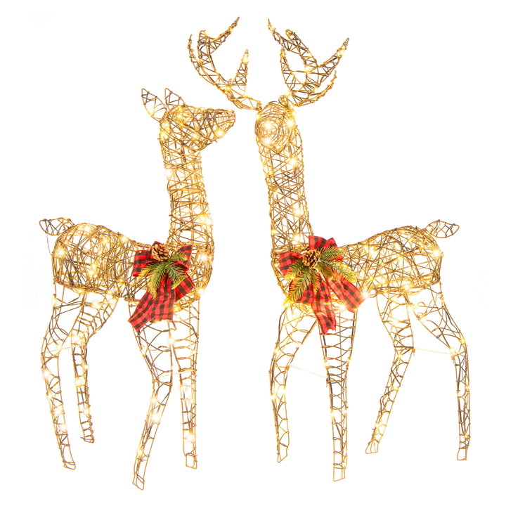 2-Piece Reindeer Family Set w/ LED Lights, Christmas Deer Weather-resistant Outdoor Indoor Decorations w/ Ground Stakes
