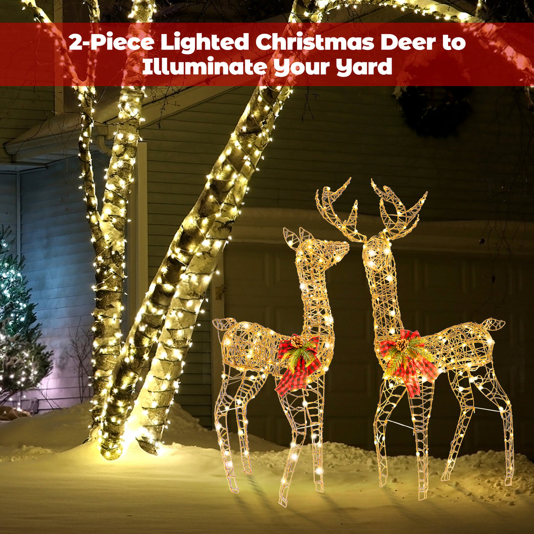 2-Piece Reindeer Family Set w/ LED Lights, Christmas Deer Weather-resistant Outdoor Indoor Decorations w/ Ground Stakes