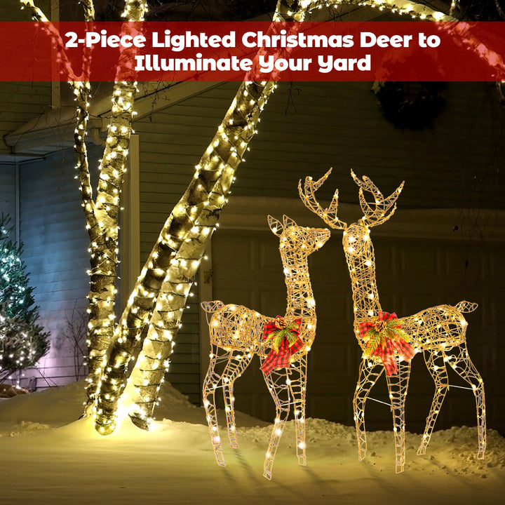 2-Piece Reindeer Family Set w/ LED Lights, Christmas Deer Weather-resistant Outdoor Indoor Decorations w/ Ground Stakes