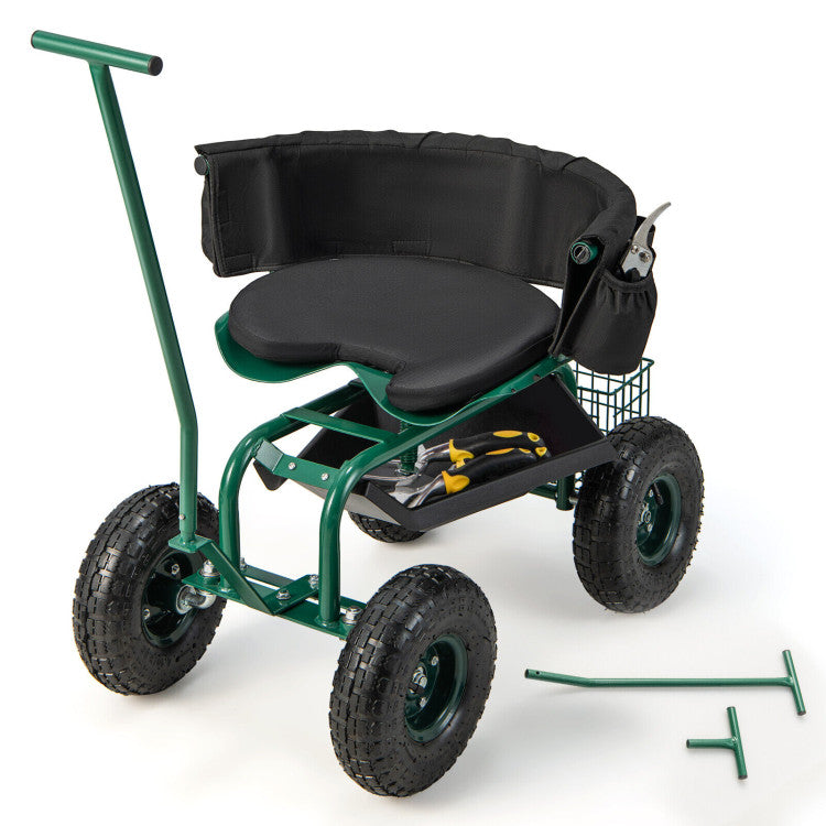 Rolling Garden Cart Patio Rolling Scooter with Adjustable Height Work Seat and Storage Basket for Lawn Yard