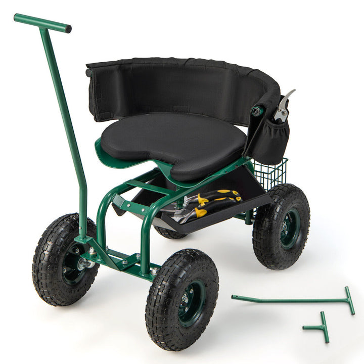 Rolling Garden Cart Patio Rolling Scooter with Adjustable Height Work Seat and Storage Basket for Lawn Yard
