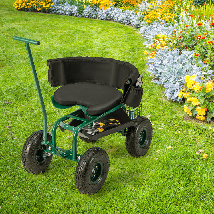 Rolling Garden Cart Patio Rolling Scooter with Adjustable Height Work Seat and Storage Basket for Lawn Yard