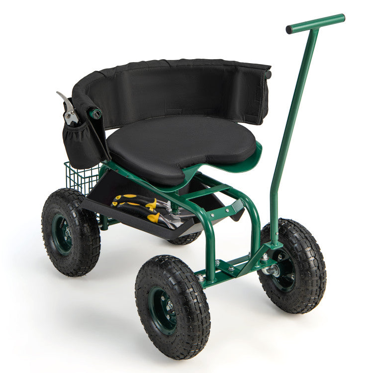 Rolling Garden Cart Patio Rolling Scooter with Adjustable Height Work Seat and Storage Basket for Lawn Yard