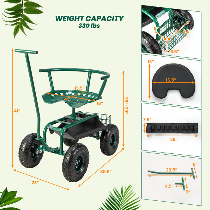 Rolling Garden Cart Patio Rolling Scooter with Adjustable Height Work Seat and Storage Basket for Lawn Yard