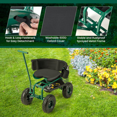 Rolling Garden Cart Patio Rolling Scooter with Adjustable Height Work Seat and Storage Basket for Lawn Yard