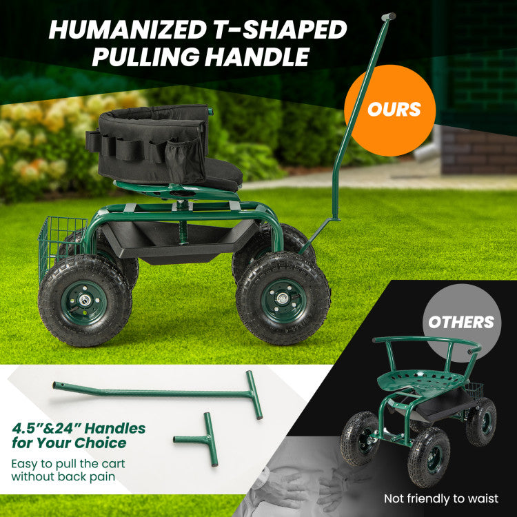 Rolling Garden Cart Patio Rolling Scooter with Adjustable Height Work Seat and Storage Basket for Lawn Yard