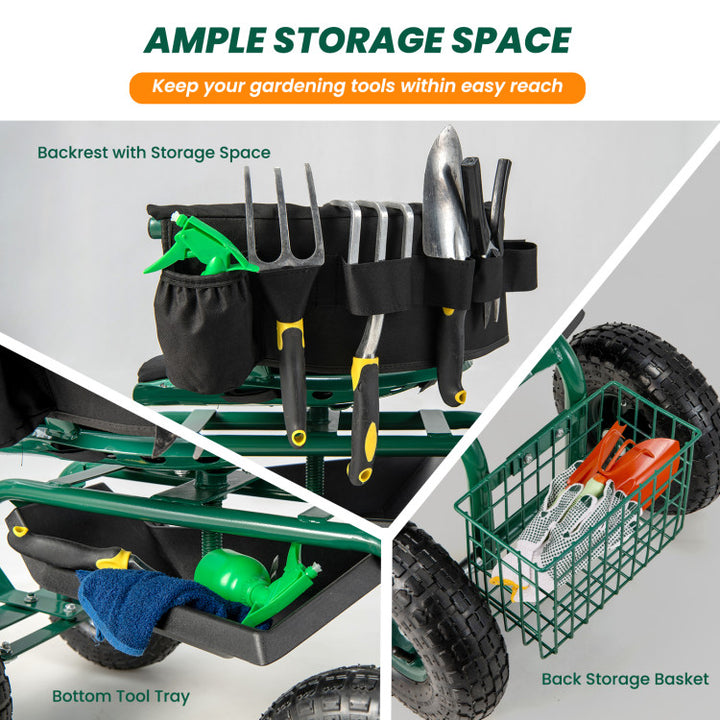 Rolling Garden Cart Patio Rolling Scooter with Adjustable Height Work Seat and Storage Basket for Lawn Yard