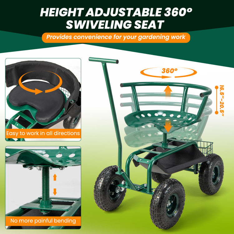 Rolling Garden Cart Patio Rolling Scooter with Adjustable Height Work Seat and Storage Basket for Lawn Yard