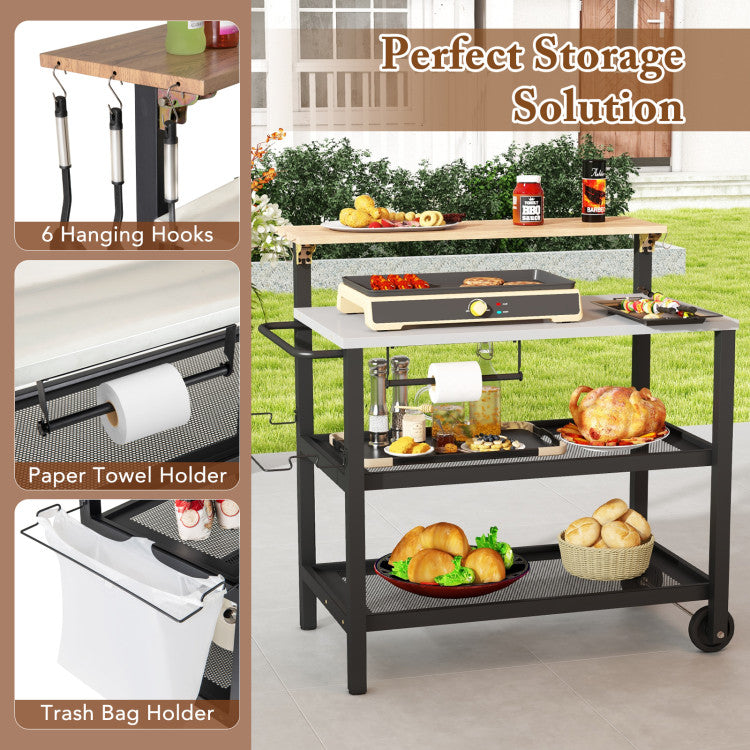 Rolling Bar Cart with Flip-up Table and Hooks for Kitchen