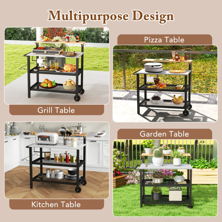 Rolling Bar Cart with Flip-up Table and Hooks for Kitchen