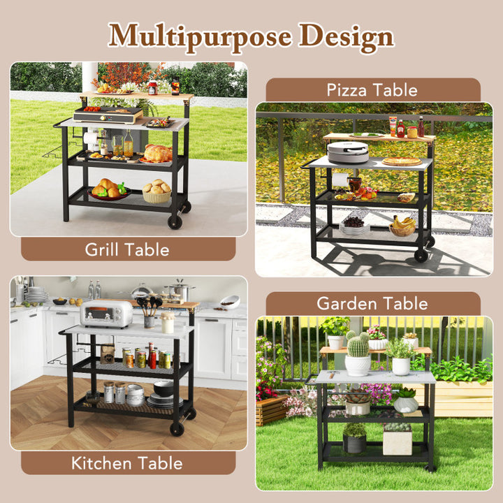 Rolling Bar Cart with Flip-up Table and Hooks for Kitchen