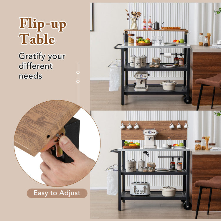 Rolling Bar Cart with Flip-up Table and Hooks for Kitchen