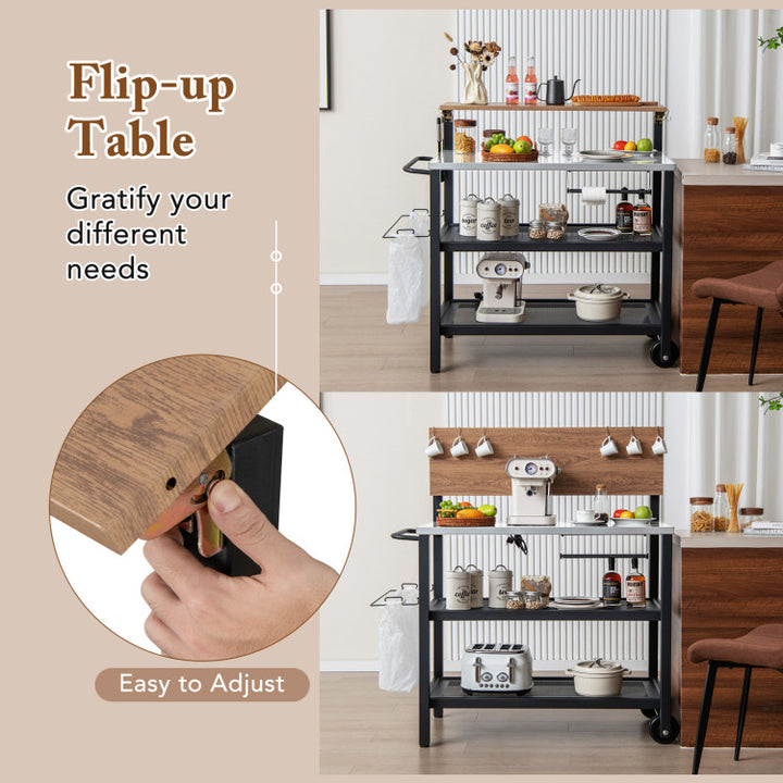 Rolling Bar Cart with Flip-up Table and Hooks for Kitchen