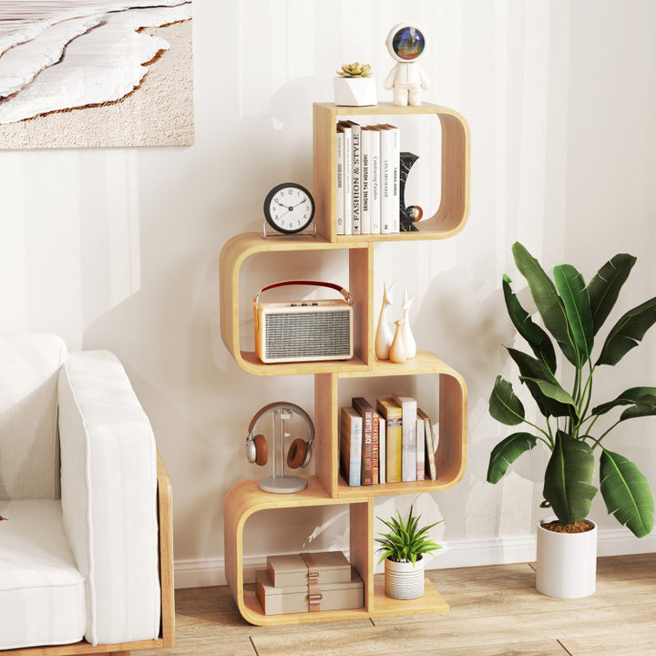 4-Tier S-Shaped Bamboo Bookcase with 4 Open Cubes for Living Room