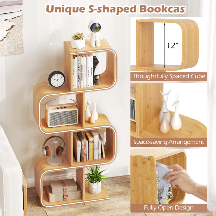 4-Tier S-Shaped Bamboo Bookcase with 4 Open Cubes for Living Room