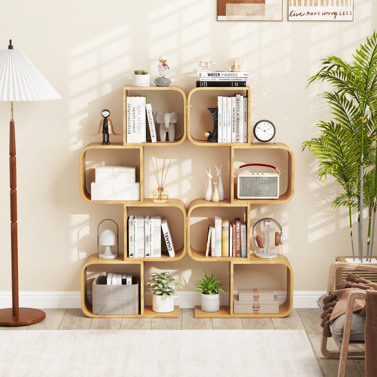 4-Tier S-Shaped Bamboo Bookcase with 4 Open Cubes for Living Room