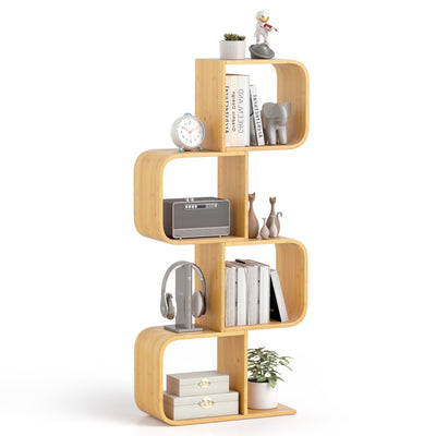 4-Tier S-Shaped Bamboo Bookcase with 4 Open Cubes for Living Room