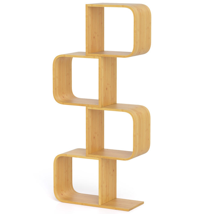 4-Tier S-Shaped Bamboo Bookcase with 4 Open Cubes for Living Room