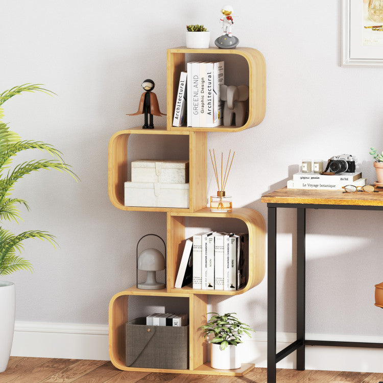 4-Tier S-Shaped Bamboo Bookcase with 4 Open Cubes for Living Room