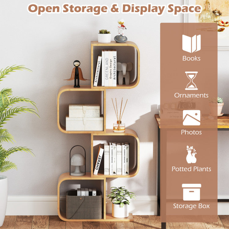 4-Tier S-Shaped Bamboo Bookcase with 4 Open Cubes for Living Room