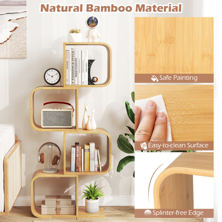 4-Tier S-Shaped Bamboo Bookcase with 4 Open Cubes for Living Room