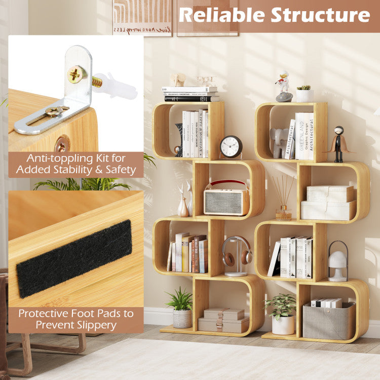 4-Tier S-Shaped Bamboo Bookcase with 4 Open Cubes for Living Room