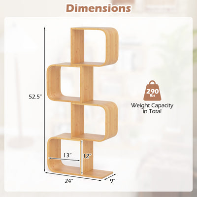 4-Tier S-Shaped Bamboo Bookcase with 4 Open Cubes for Living Room