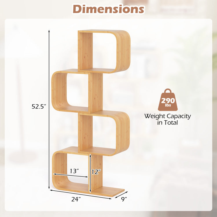 4-Tier S-Shaped Bamboo Bookcase with 4 Open Cubes for Living Room