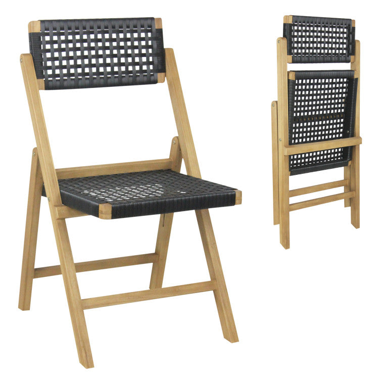 Set of 2 Patio High-Back Folding Chairs Portable Solid Teak Wood Dining Chairs with Woven Rope Seat &amp; Back