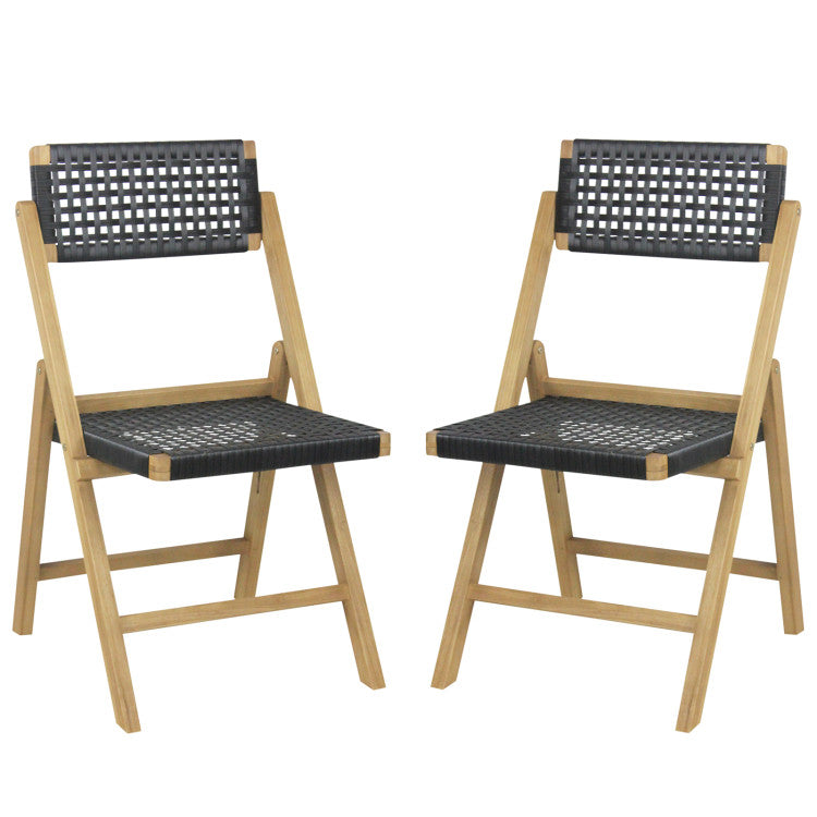 Set of 2 Patio High-Back Folding Chairs Portable Solid Teak Wood Dining Chairs with Woven Rope Seat &amp; Back