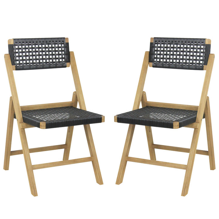 Set of 2 Patio High-Back Folding Chairs Portable Solid Teak Wood Dining Chairs with Woven Rope Seat &amp; Back