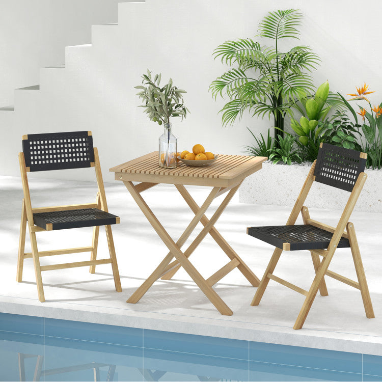 Set of 2 Patio High-Back Folding Chairs Portable Solid Teak Wood Dining Chairs with Woven Rope Seat &amp; Back