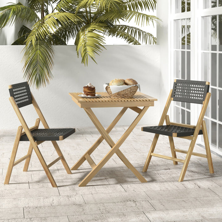 Set of 2 Patio High-Back Folding Chairs Portable Solid Teak Wood Dining Chairs with Woven Rope Seat &amp; Back