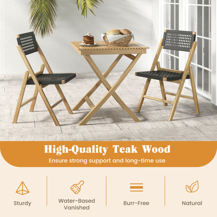 Set of 2 Patio High-Back Folding Chairs Portable Solid Teak Wood Dining Chairs with Woven Rope Seat &amp; Back