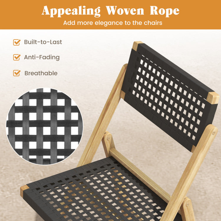 Set of 2 Patio High-Back Folding Chairs Portable Solid Teak Wood Dining Chairs with Woven Rope Seat &amp; Back
