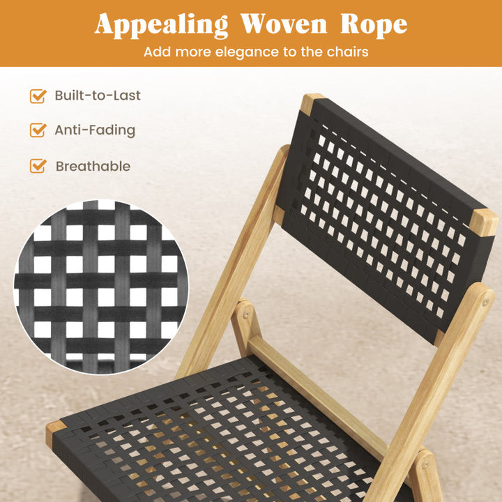 Set of 2 Patio High-Back Folding Chairs Portable Solid Teak Wood Dining Chairs with Woven Rope Seat &amp; Back