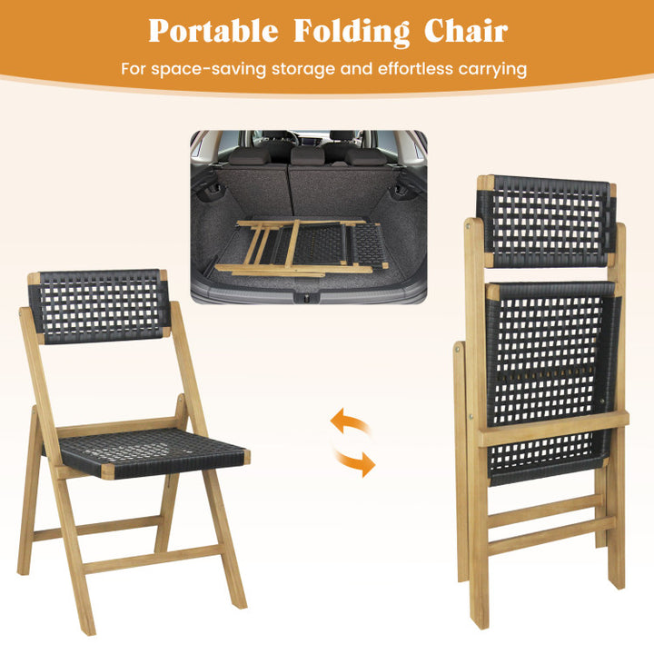 Set of 2 Patio High-Back Folding Chairs Portable Solid Teak Wood Dining Chairs with Woven Rope Seat &amp; Back